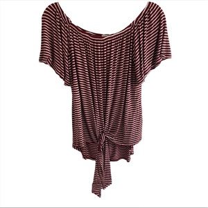 Vine & Love Medium Striped Short Flutter Sleeve Burgundy Off Shoulder Blouse
